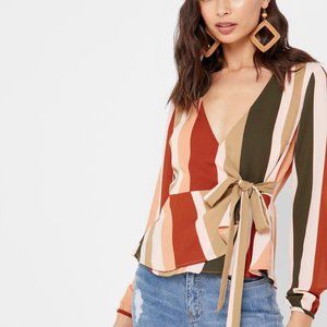 FOREVER 21 Retro 70s Striped Multi Wrap Tie Peplum Top S Brown Rust Long Sleeve